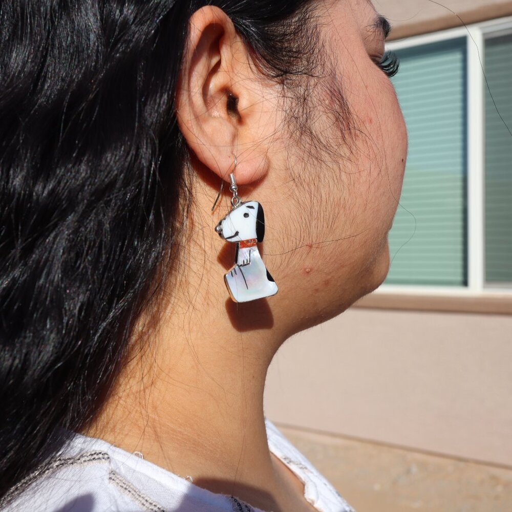 Handmade Zuni Inlay Large Snoopy Dog Dangle Earrings Sterling Silver Jewelry‎ ** - Picture 5 of 15